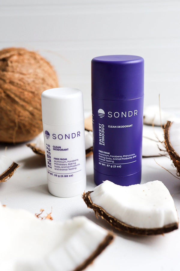 SONDR coconut jasmine deodorants in travel and full size